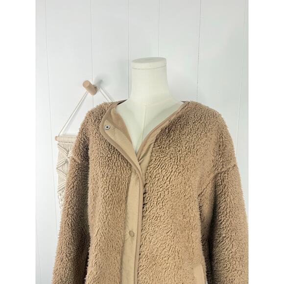 Uniqlo Tan Teddy Coat Womens Small Longline Fleece Sherpa Jacket No Collar - Picture 3 of 13